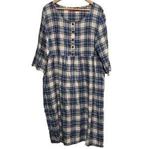 Pyne & Smith Midi Dress Linen Blue White Plaid Pockets 3/4 Sleeves L